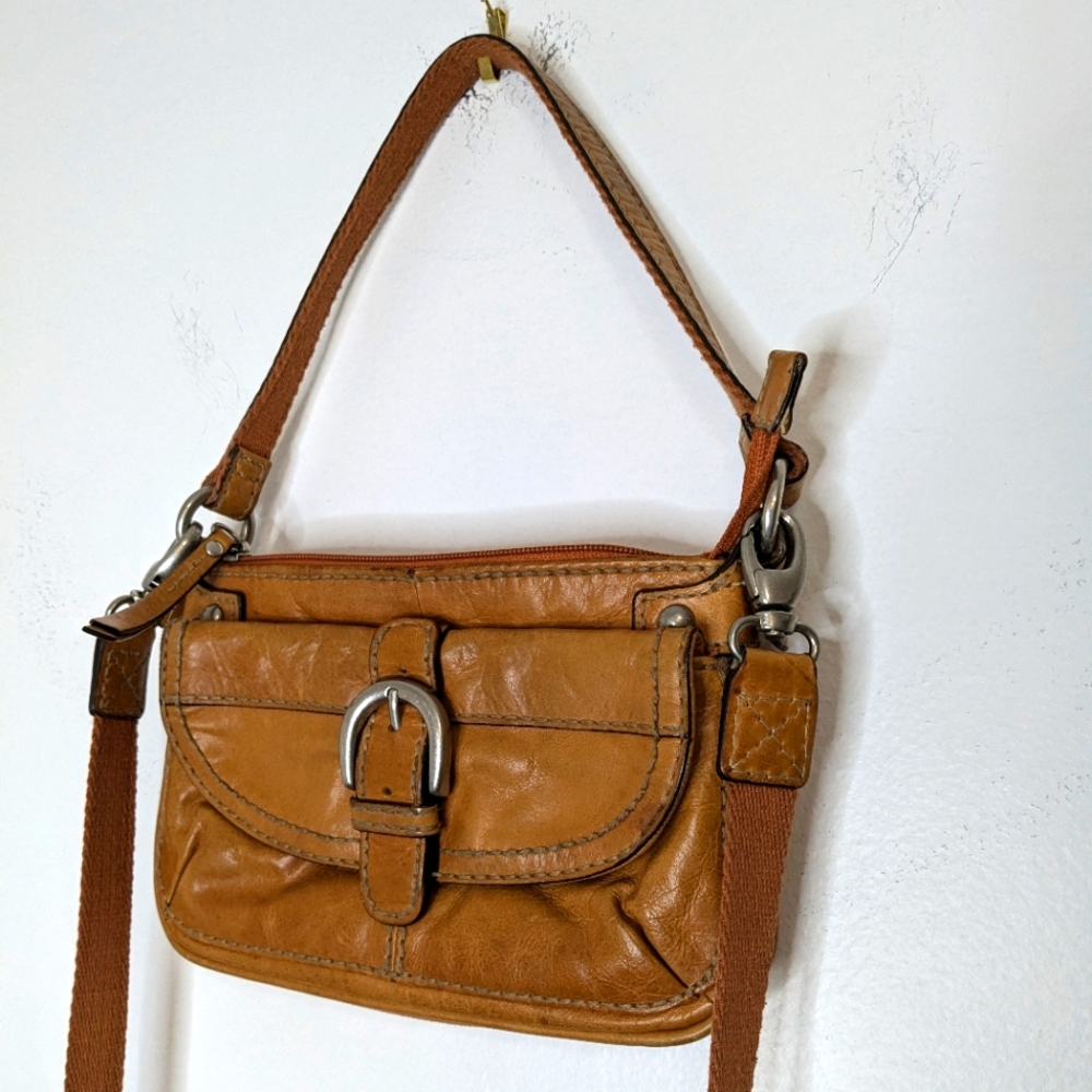 Vintage Fossil Orange Leather & Canvas Crossbody‎ Clutch Bag w/ Shoulder Strap